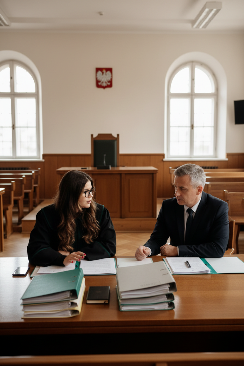 Adwokat w sali sądowej z klientem